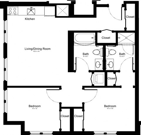 Floor plan for 2 beds, 2 baths, 805 sqft